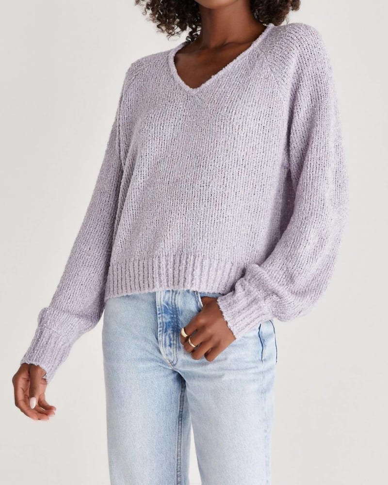 Front of a model wearing a size Large Becca V-Neck Sweater in Lilac in Lilac by Z Supply. | dia_product_style_image_id:332563